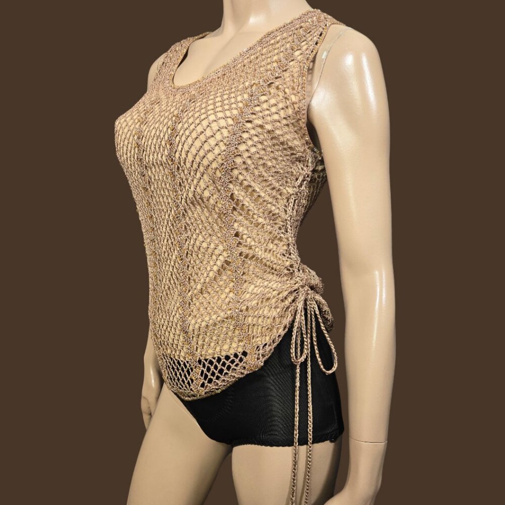 Y2K Crochet Top Boho Fairy Festival Womens M beige Beaded Sleeveless Ruched